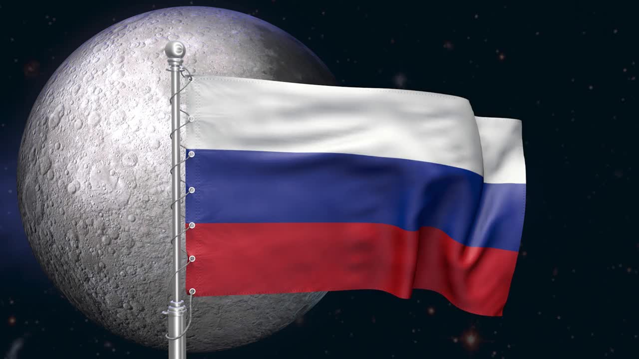 俄罗斯国旗挂在月球上。俄罗斯登月计划构想。科学背景。三维渲染视频素材