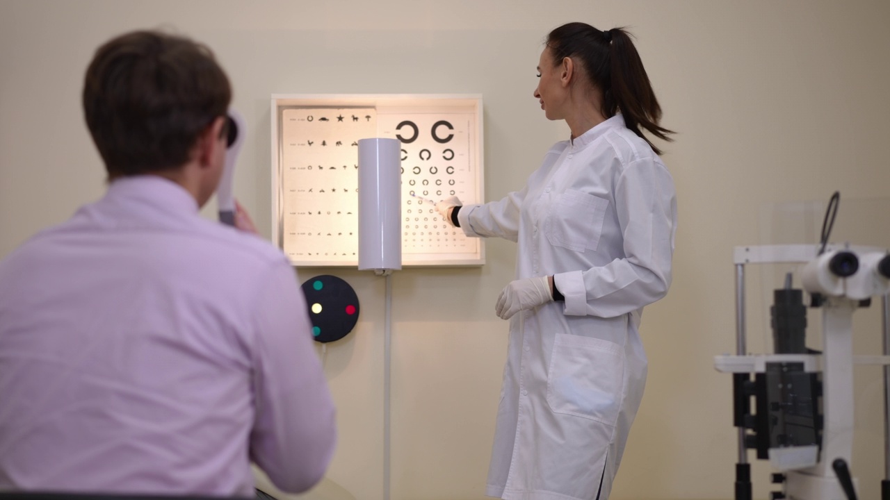 微笑的眼科医生指着眼睛测试图上的圆圈与男子坐着保持封牙。白种人专家妇女在医院检查成年病人视力的画像。视频下载