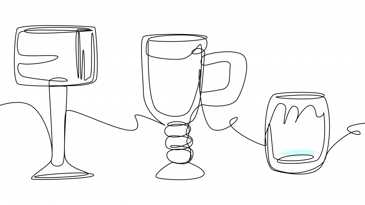 在白色屏幕上，用不同的酒杯在一条线上自画夏日鸡尾酒。视频下载