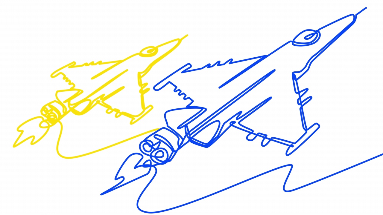 自己画的两架蓝黄战机排成一条线。视频下载