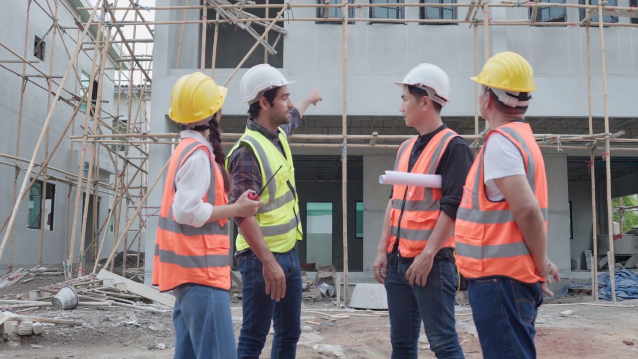 多元化团队的土木工程师或建筑师和领班，同事站着说话戴安全帽。施工前将对施工现场进行施工和行走测量。建筑和房地产概念视频素材