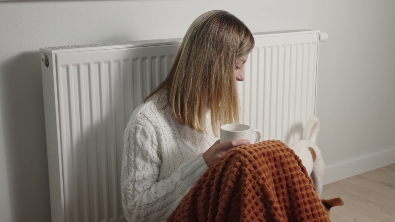 忧心忡忡的女人坐在暖气片附近，毯子下的一杯茶视频素材