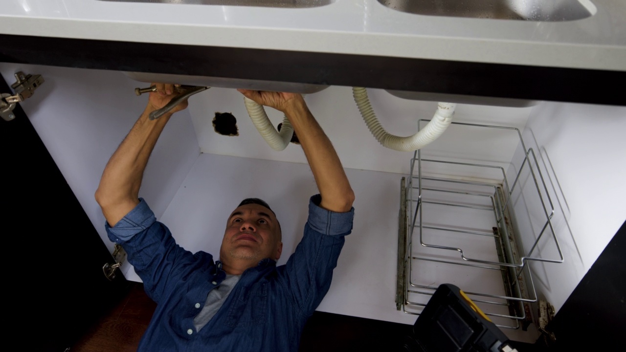 在一所房子的厨房里修理管道的拉丁美洲水管工视频素材