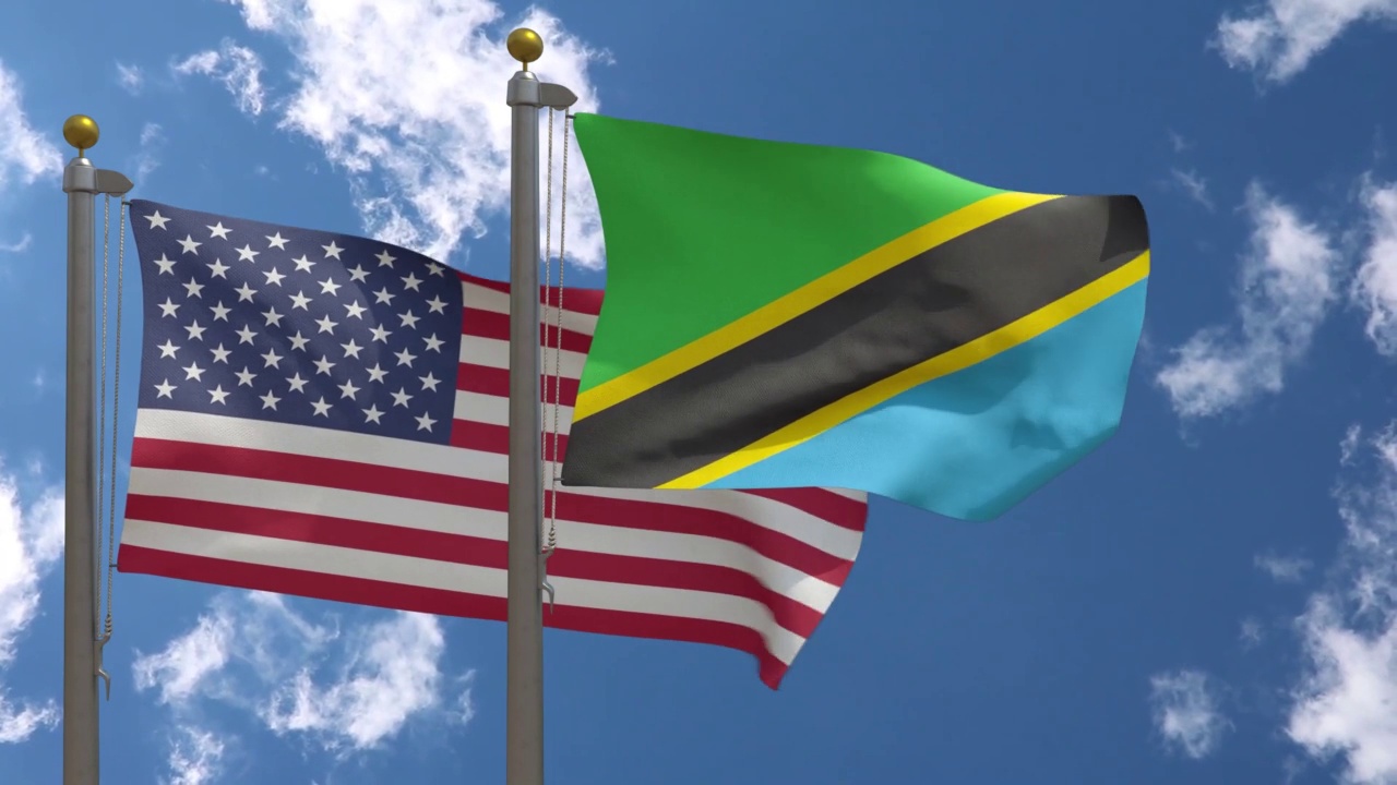 旗杆上插着坦桑尼亚国旗的美国国旗视频下载
