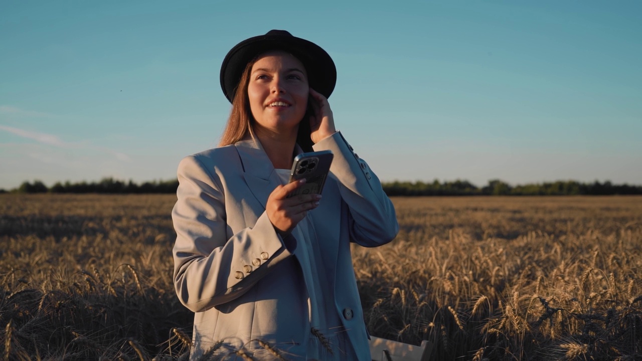 一个穿着夹克、戴着黑色帽子的女孩站在夕阳下美丽的田野里。她手里拿着一部手机视频下载