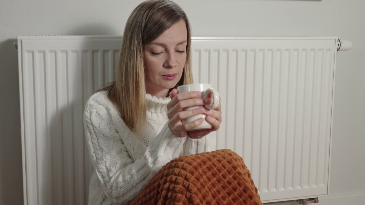 忧心忡忡的女人坐在暖气片附近，毯子下的一杯茶视频素材