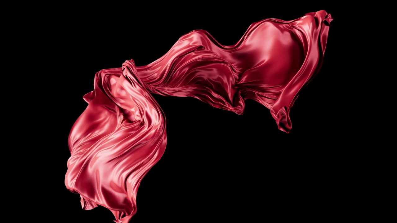 抽象红色的流动缎面或丝绸布在黑色背景上的慢动作视频素材