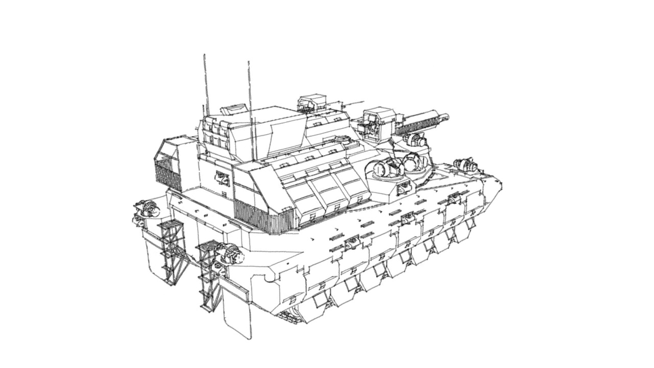 黑色细线的军用坦克线框的循环旋转动画。坦克迫使未来全息图在白色背景循环。视频下载