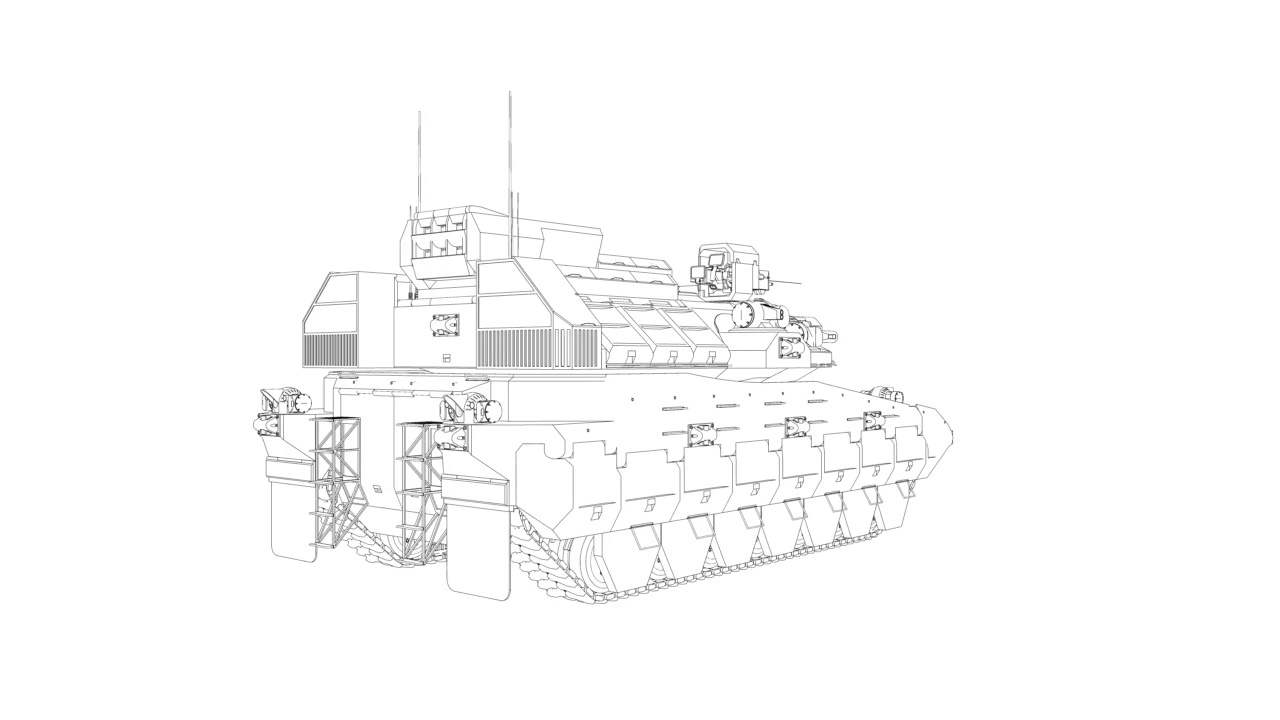 黑色细线的军用坦克线框的循环旋转动画。坦克迫使未来全息图在白色隔离背景循环。视频下载