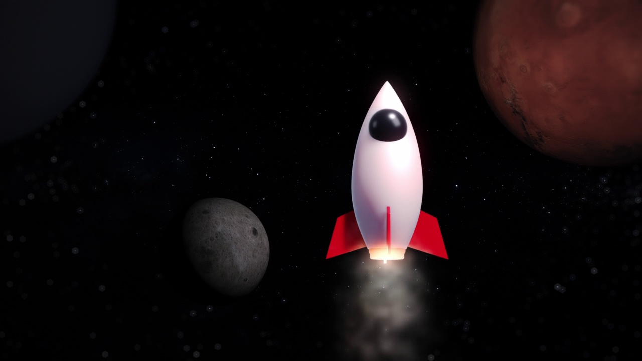 无缝循环3D渲染太空旅行者火箭喷气机飞行在星场星系空间3D插图。行星，星系，恒星，宇宙，海洋，地球，地球。视频下载
