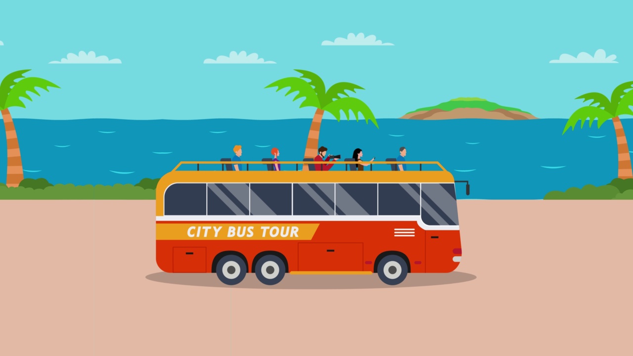 城市巴士游在海岸线上行进视频素材