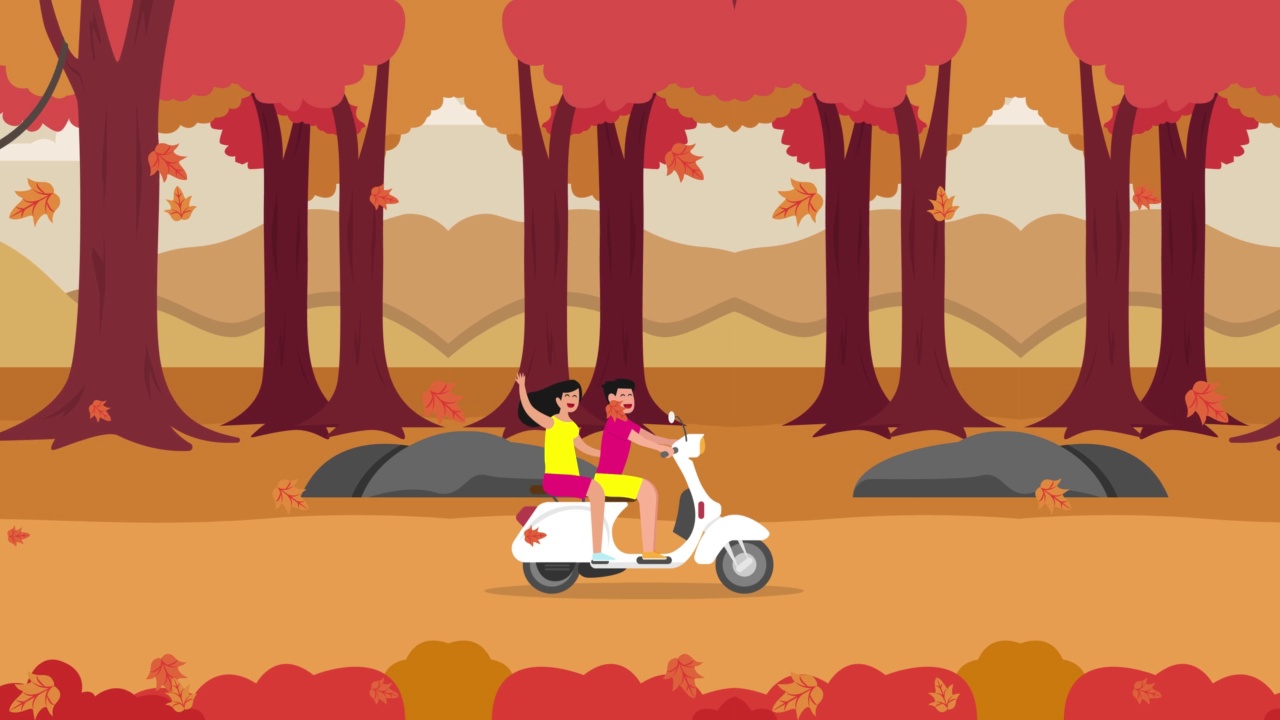 幸福的夫妇在秋天公园附近骑着小摩托视频下载
