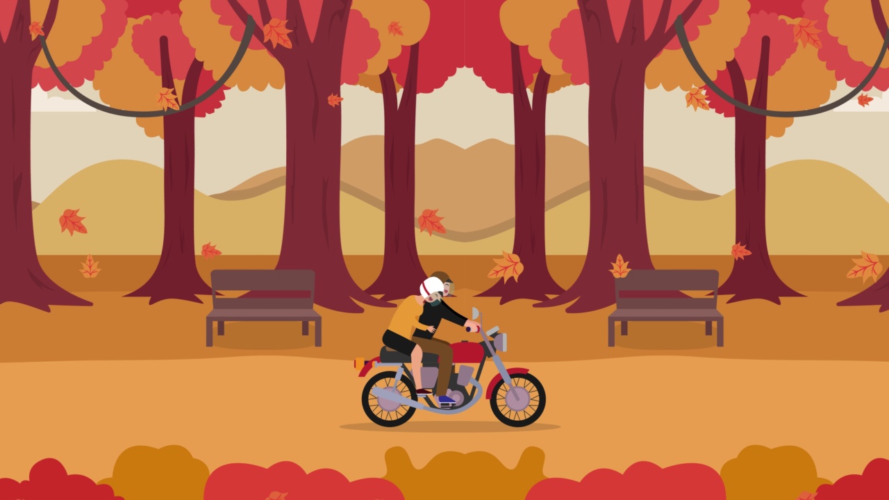 幸福的夫妇骑着旧摩托车在秋天的公园视频下载