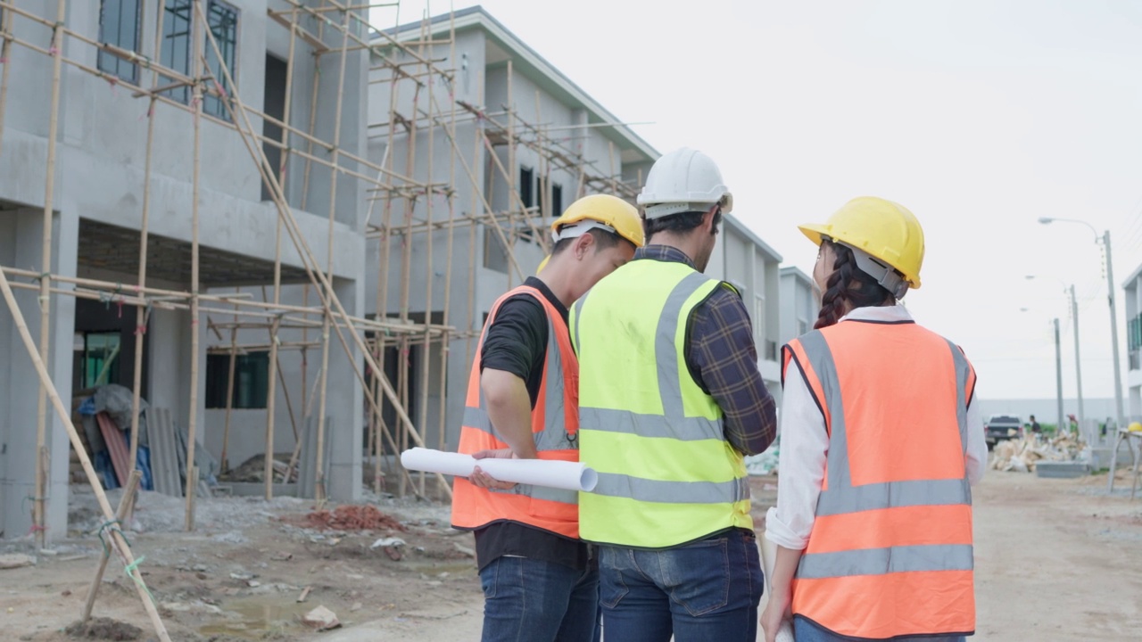 土木工程师或建筑师和工头的背影，同事站着说话戴安全帽。视频素材