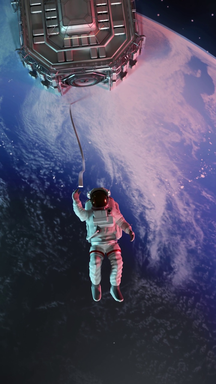 垂直宇航员或宇航员在外太空探索与幻想空间背景和门户门在4K分辨率视频下载