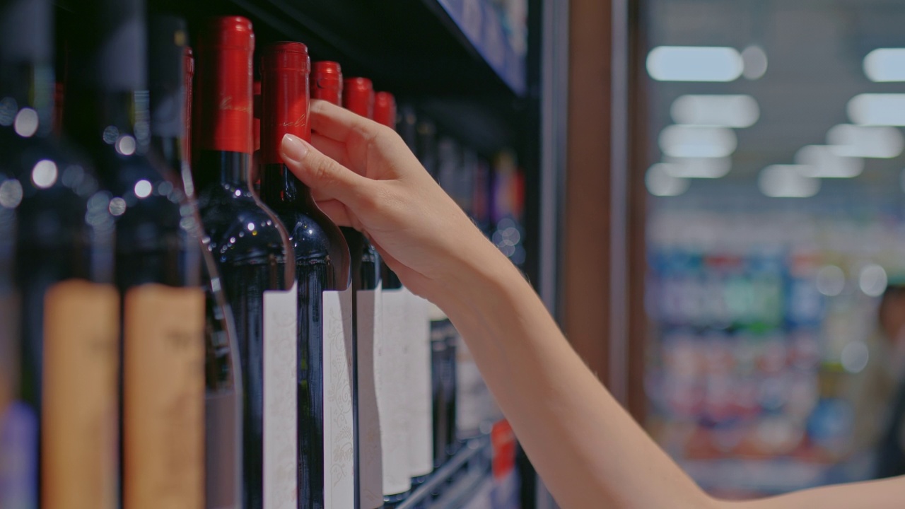 特写，一个女人的手从架子上拿起一瓶酒。在超市的酒精饮料部购买酒精饮料。瓶子在货架的架子上排成一排。4 k, ProRes视频素材