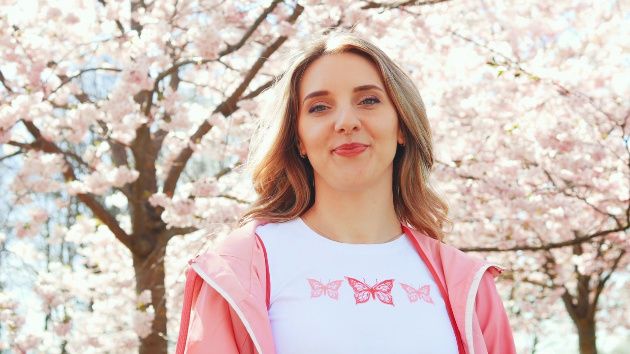 温柔幸福的女人穿着粉白色的衣服，在盛开的樱花或樱花树的衬托下微笑着看着你视频下载