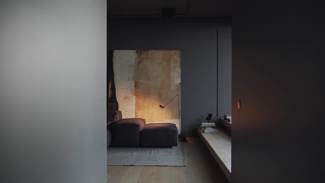 当代极简的室内设计，客厅以黑、灰为主调视频下载