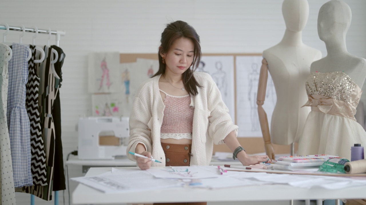 亚洲裁缝正在设计一个新系列。视频下载