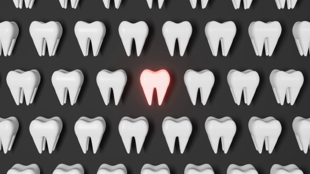 牙痛灰色背景3D渲染动画。白健康牙图案磨牙伴痛国医日智齿拔除口腔护理康复。牙科保险牙科视频下载