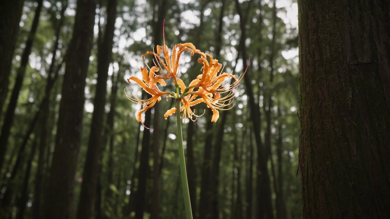 黄色石蒜蜘蛛百合神奇百合春分花或黑牡丹在森林公园盛开，4k视频，特写b卷镜头，背光平底锅效果。视频素材