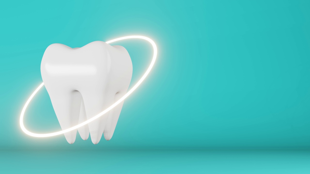 白色健康臼齿3D动画循环蓝色背景。牙釉质美白牙膏去除牙垢牙菌斑国日智齿拔除。口腔护理。牙科保险诊所横幅视频素材