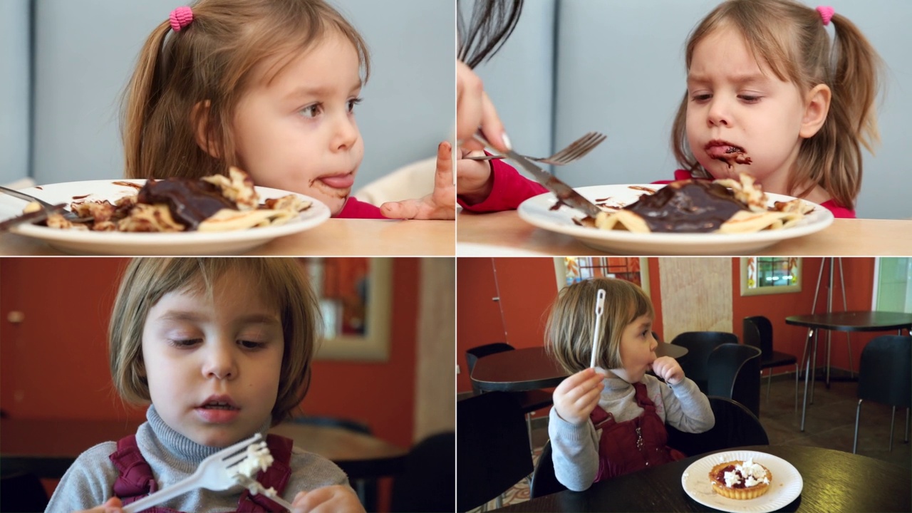 一个金发碧眼的孩子，坐在美食广场或咖啡馆的桌子旁，吃得很有趣。甜食，甜品的概念。小女孩吃煎饼加巧克力。分屏。视频素材