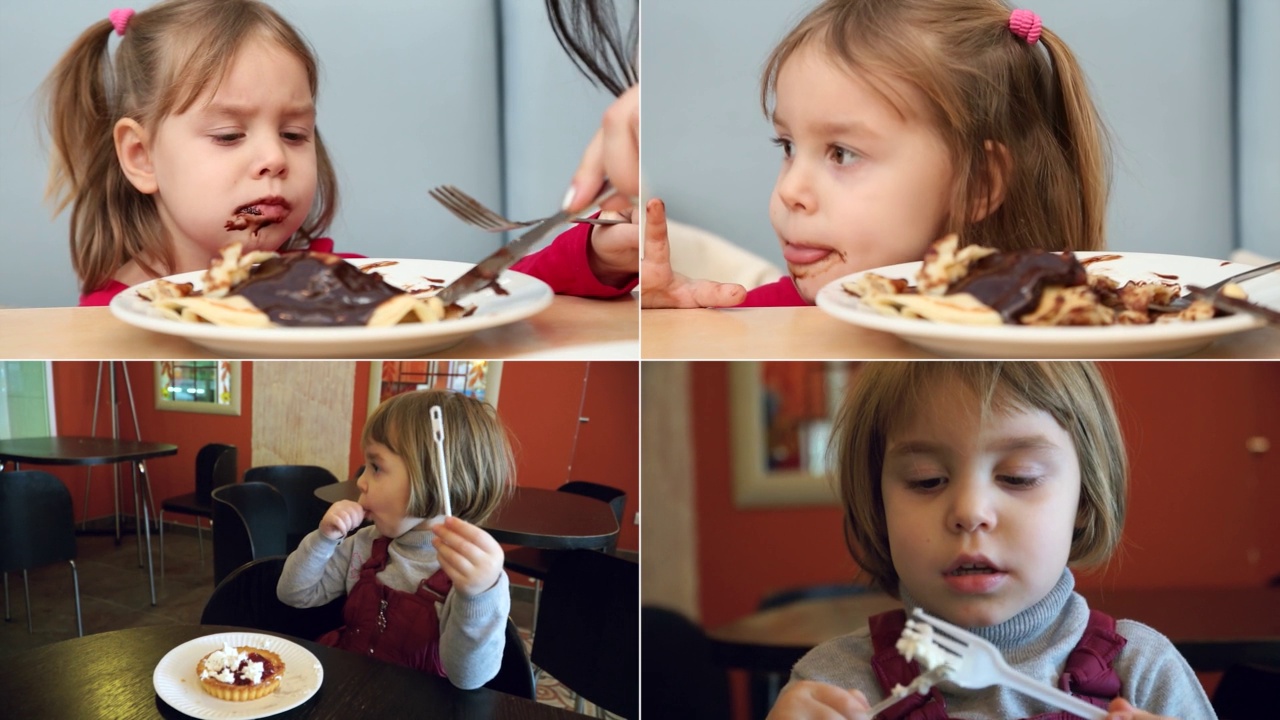 一个金发碧眼的孩子，坐在美食广场或咖啡馆的桌子旁，吃得很有趣。甜食，甜品的概念。小女孩吃煎饼加巧克力。分屏。视频素材