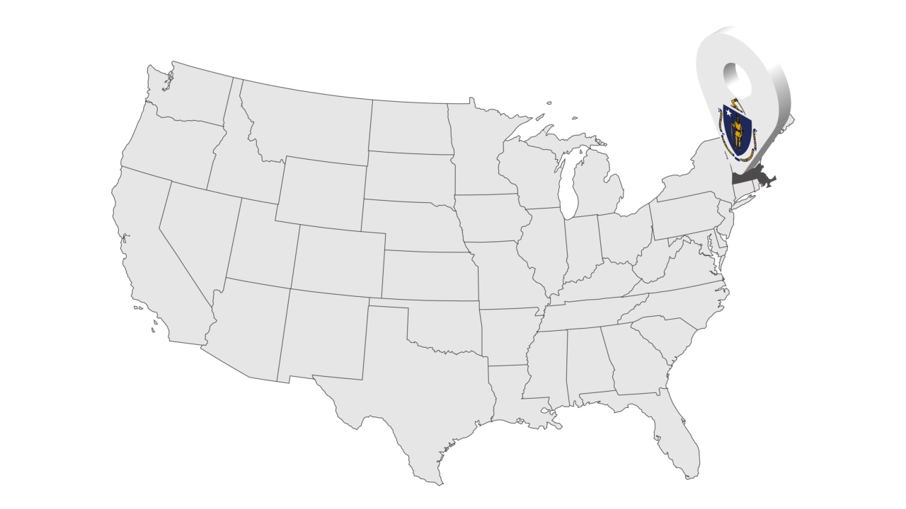 马萨诸塞州在美国地图上的位置。3d马萨诸塞州州旗地图标记位置别针。美利坚合众国的地图显示了不同的州。动画地图美国各州。4 k。视频视频素材