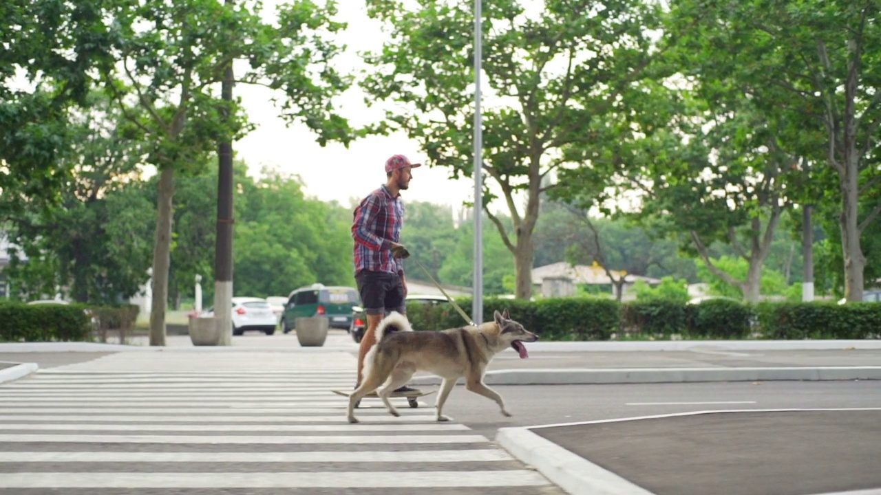 小男孩骑滑板，带着哈士奇狗狗，阳光明媚，慢动作迅速视频素材