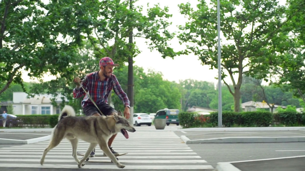 年轻的潮人骑滑板与哈士奇狗街路慢动作快速视频素材