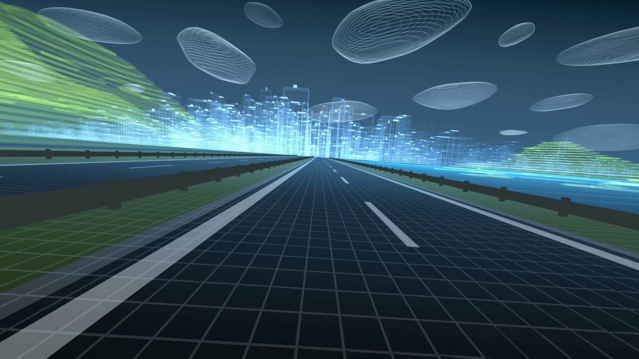 三维高速公路与城市地平线和程式化的云视频下载