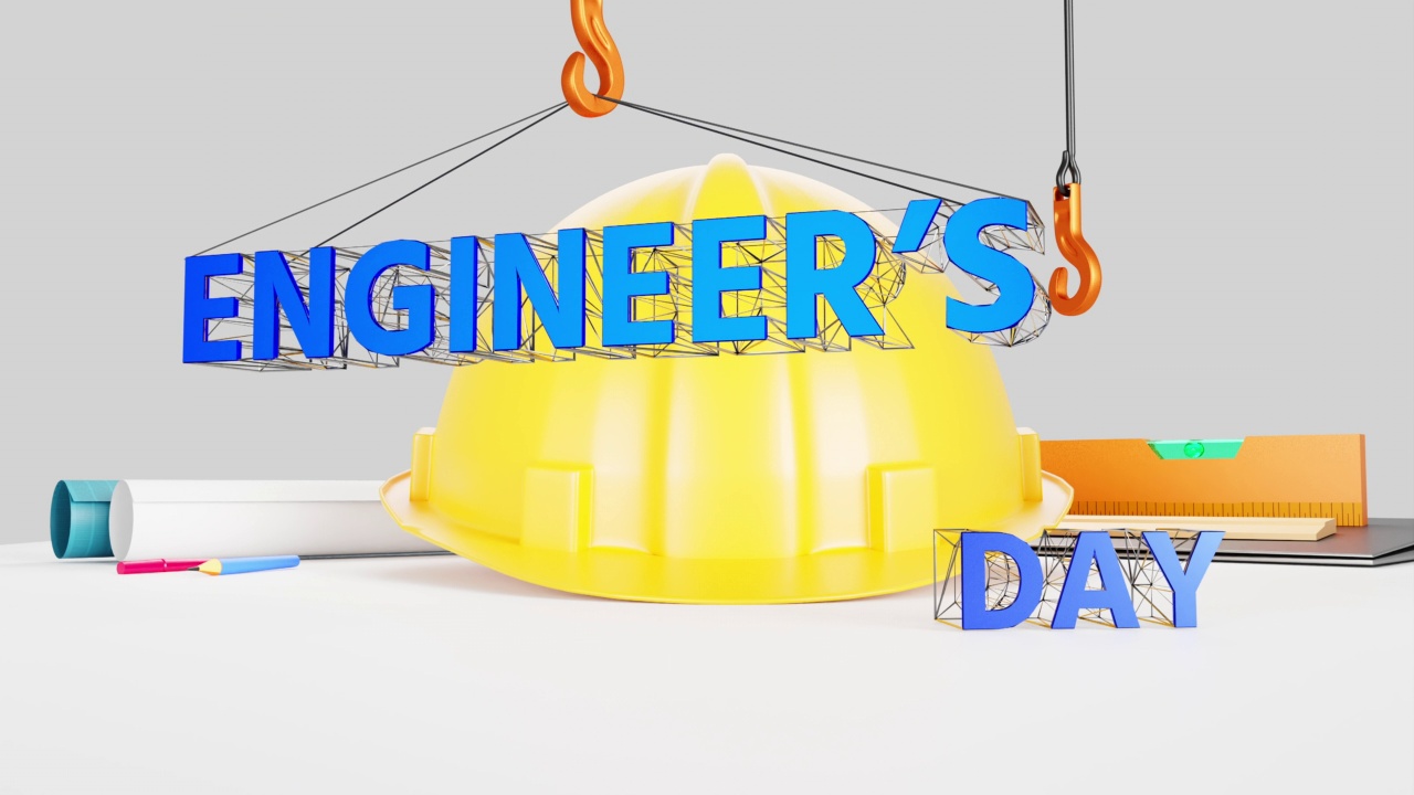 金属工程师日的三维动画文本附加在线框结构。视频下载
