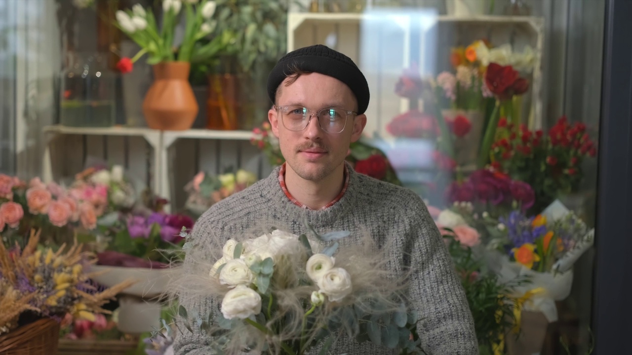 迷人的男花商在豆豆手拿玫瑰花束，4K视频下载