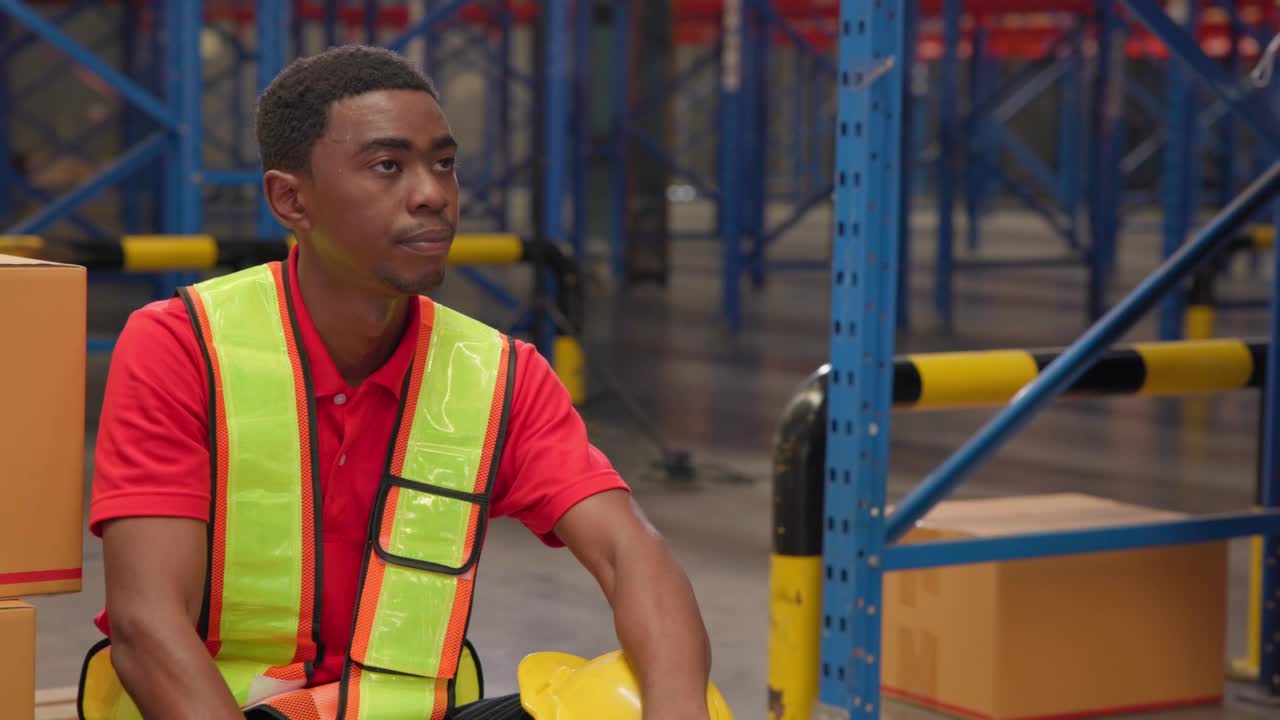 一个疲惫的黑人男性仓库工人坐在一个纸仓库里，摘下头盔，用袖子擦去额头上的汗水。视频素材