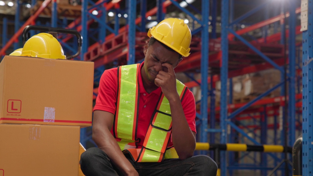 一个疲惫的黑人男性仓库工人坐在一个纸仓库里，摘下头盔，用袖子擦去额头上的汗水。视频素材