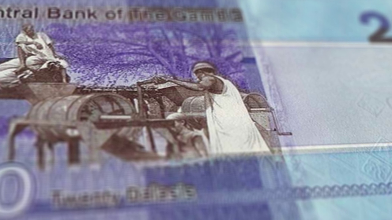 纸币的冈比亚达拉西观察和储备方特写跟踪多利拍摄的冈比亚达拉西纸币4k分辨率股票视频视频素材