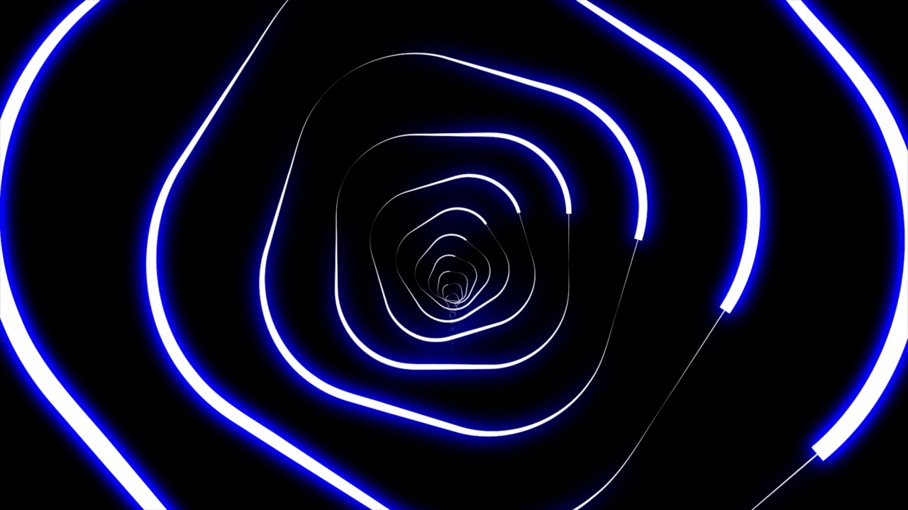 抽象动画霓虹螺旋运动背景，无缝循环。催眠漩涡效应，旋转光学错觉插图，未来高科技运动圈在黑色背景视频素材