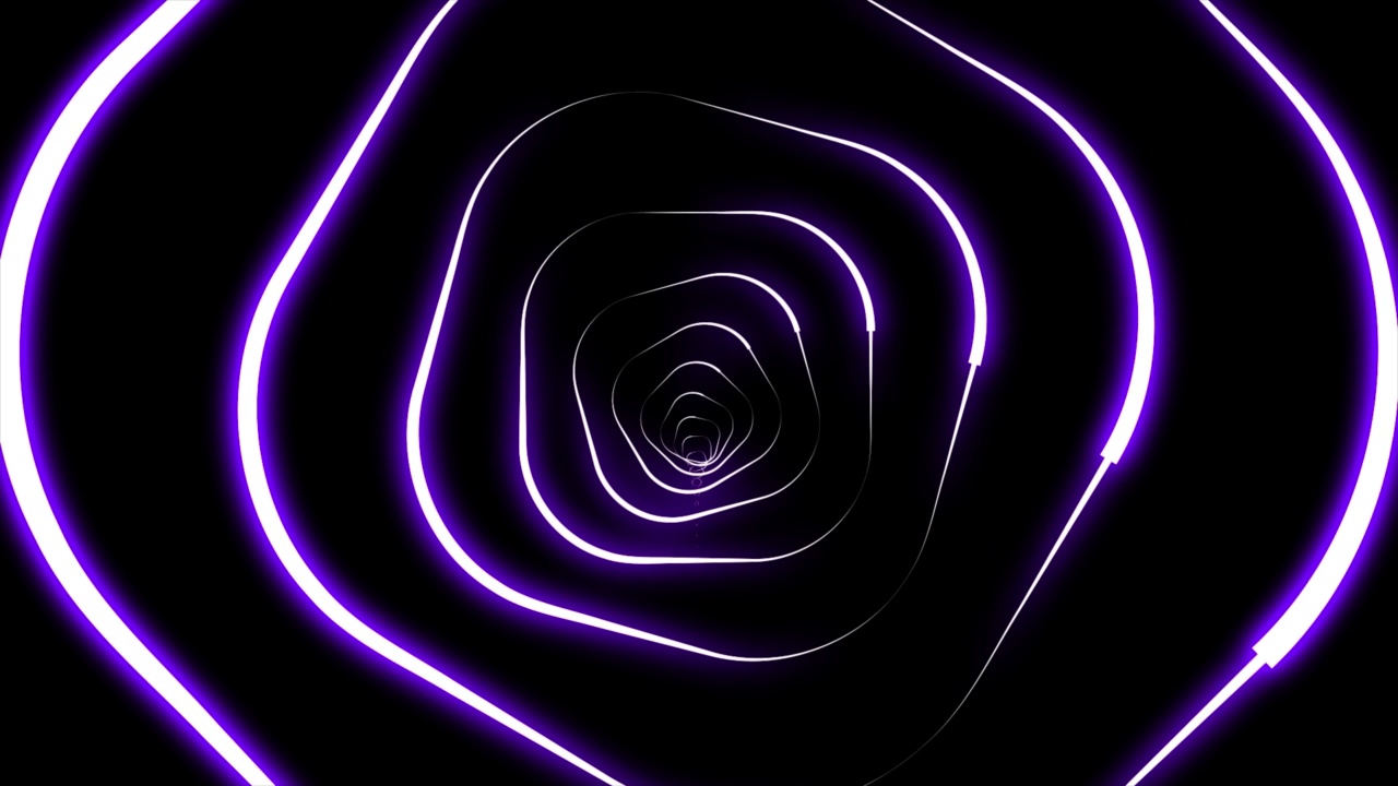 抽象动画霓虹螺旋运动背景，无缝循环。催眠漩涡效应，旋转光学错觉插图，未来高科技运动圈在黑色背景视频素材