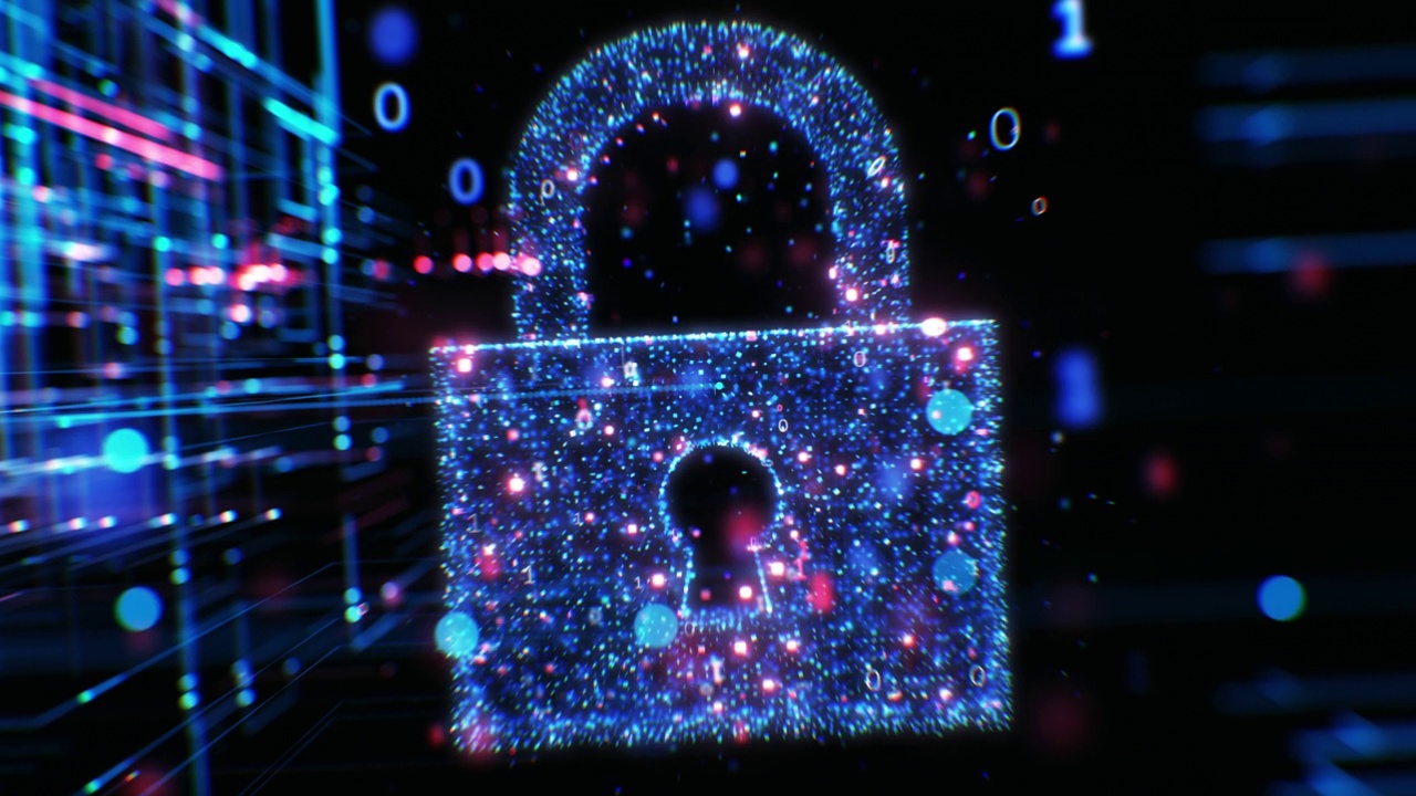 网络安全信息保护插图。数字锁保护网络数据。美丽的3 d动画。区块链加密货币全球网络安全业务概念。视频下载