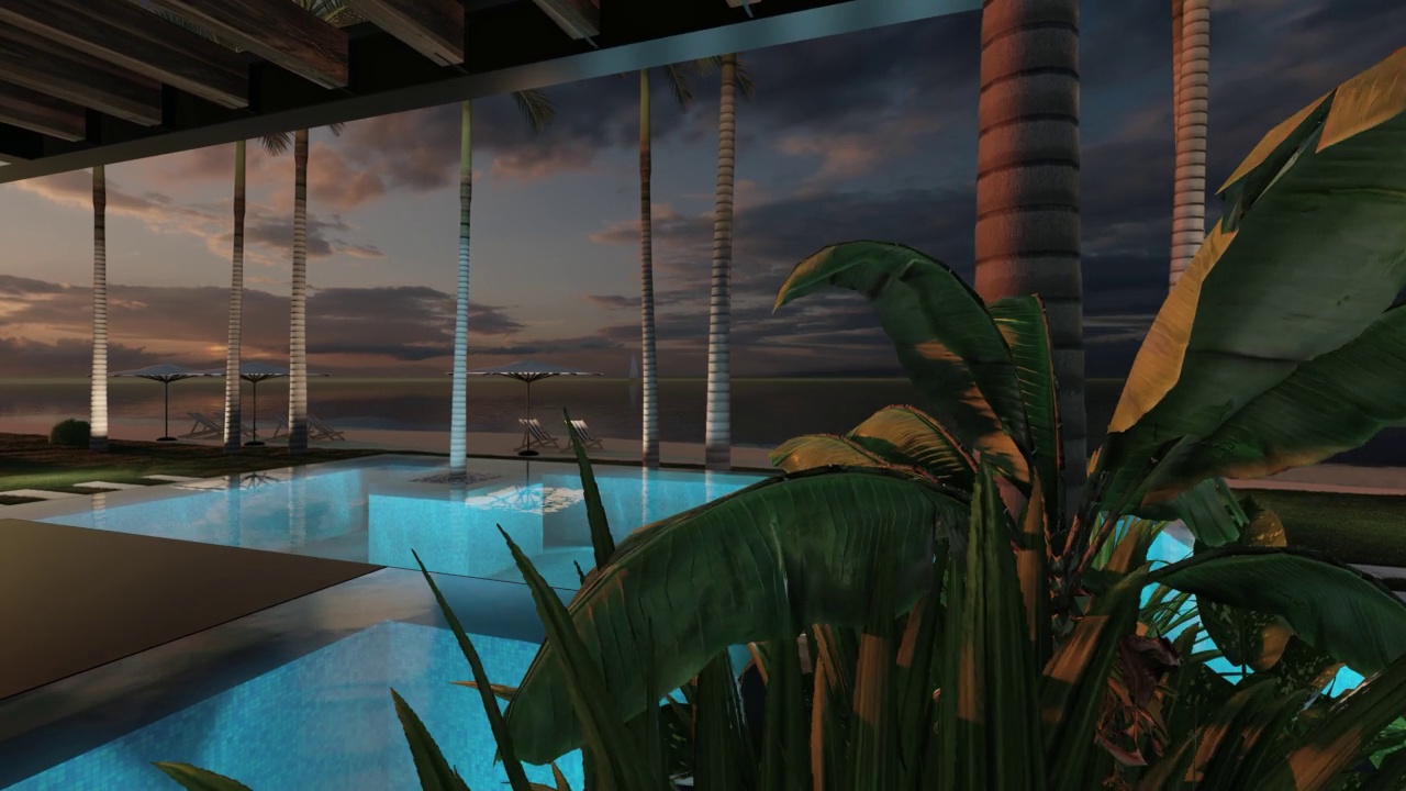 4K视频的现代住宅与木板立面的大海或海洋在日落视频素材