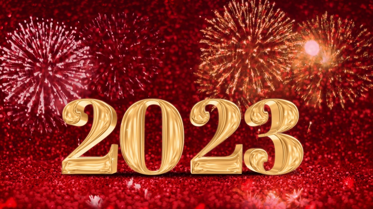 2023年新年快乐，红色的颜色与烟花上闪闪发光的鲜艳的红色闪光散景墙，节日庆祝的概念。庆祝中国新年视频素材