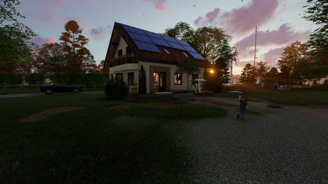 家庭周围的温室与太阳能电池板和风力涡轮机的美丽日出，4K视频下载