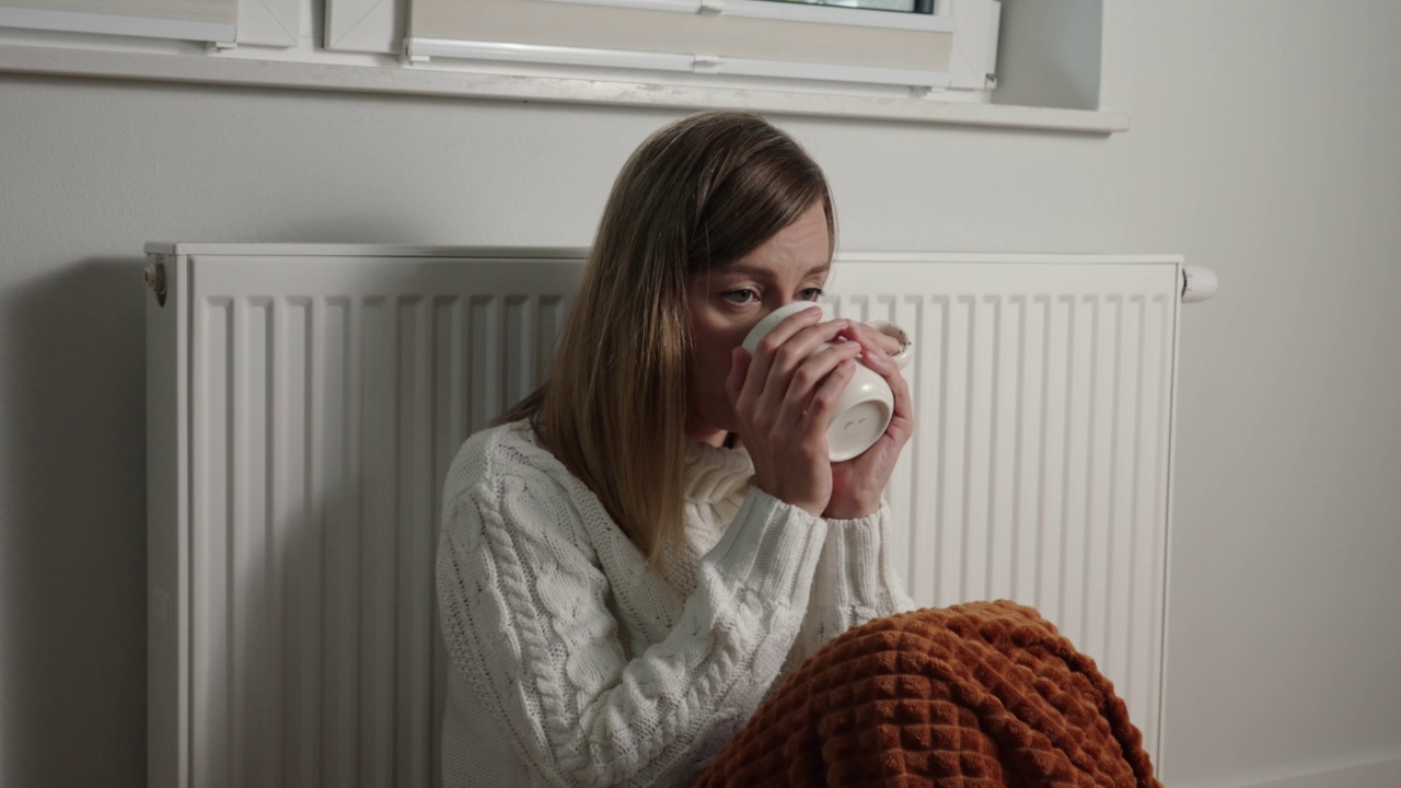 忧心忡忡的女人坐在暖气片旁，毯子下端着一杯茶视频素材