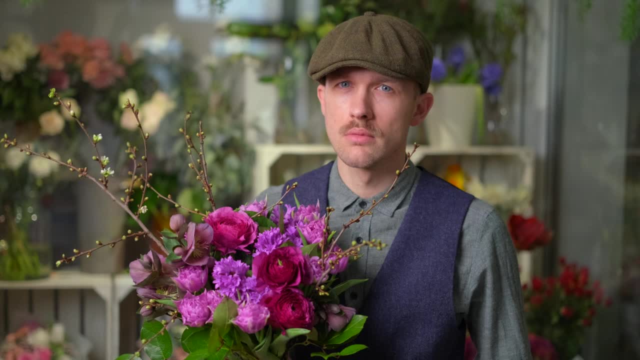 迷人的男性在复古20年代的衣服与红色和紫色的花束，4k视频下载
