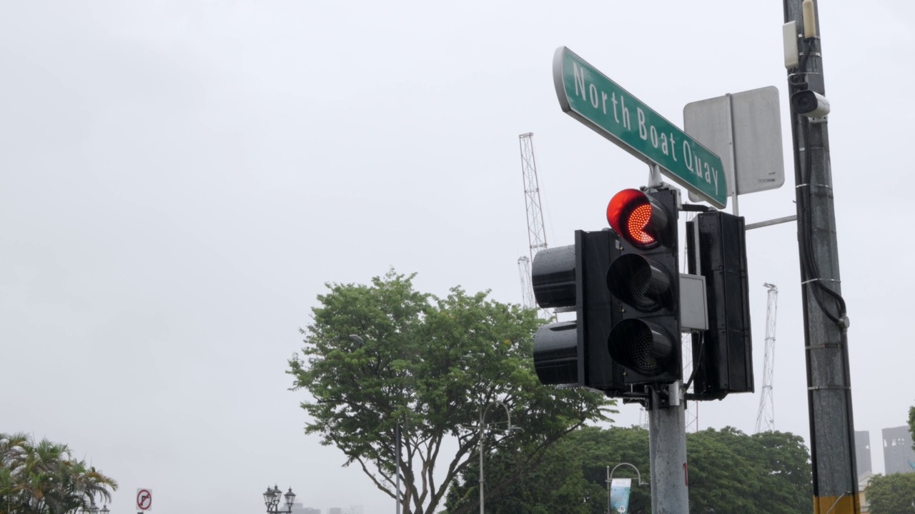 近距离观察新加坡城市十字路口的红绿灯，热带雨天气视频下载