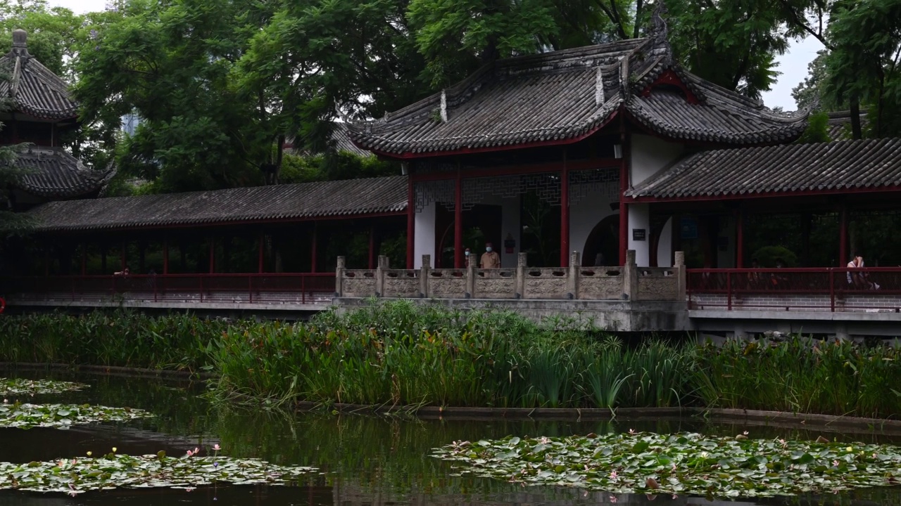一个池塘和一条传统的中国走廊视频素材