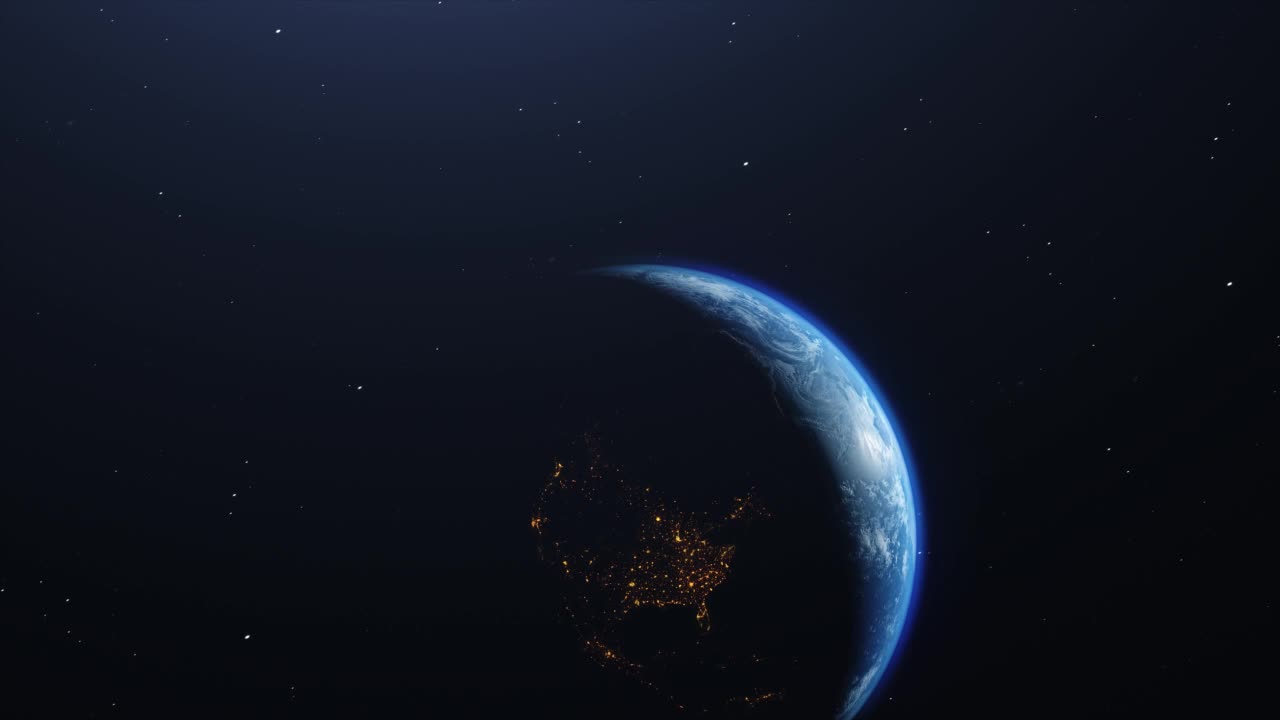 电影移动的地球在空间与白天和夜晚区域的恒星背景。三维渲染视频素材