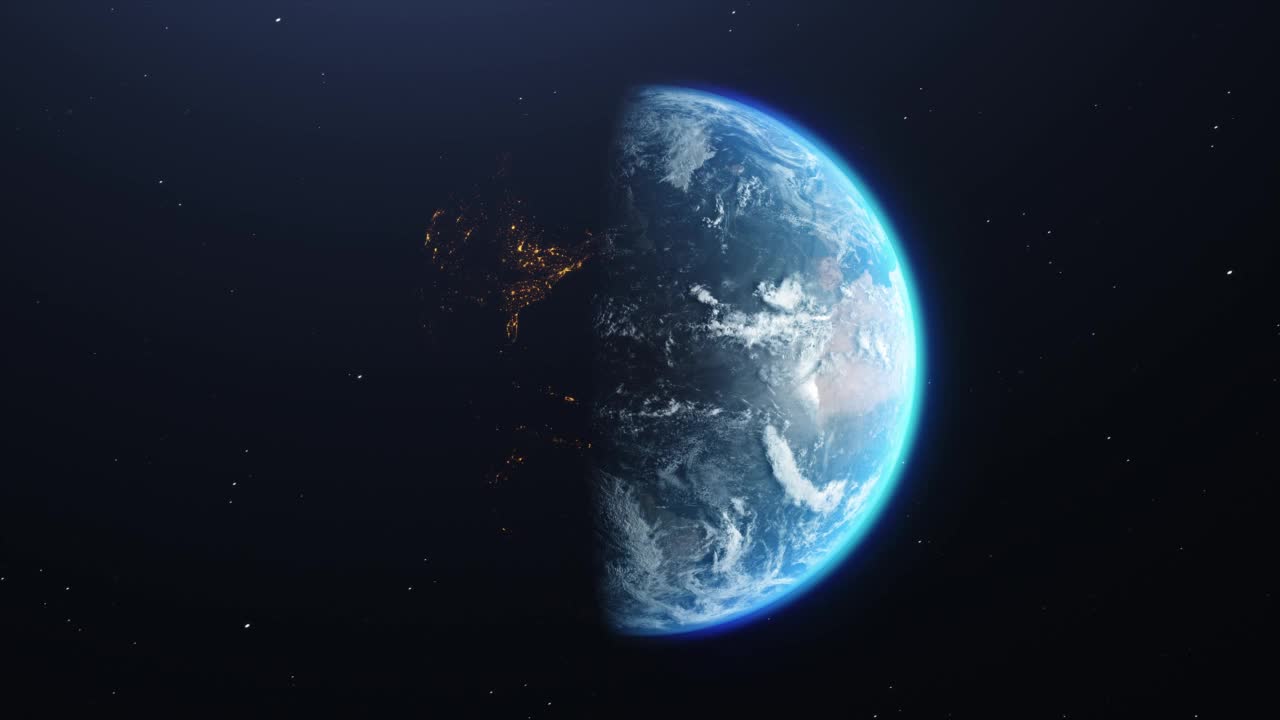 电影移动的地球在空间与白天和夜晚区域的恒星背景。三维渲染视频素材