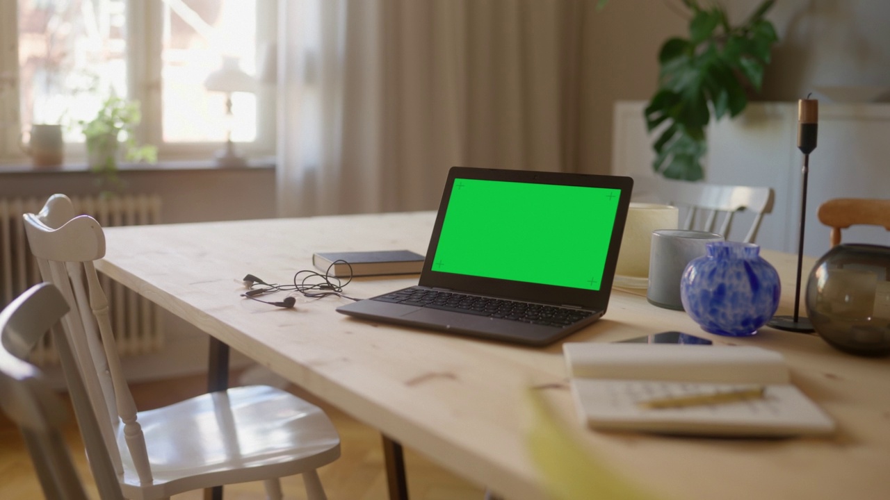 餐桌上有色度键绿色屏幕的笔记本电脑视频素材
